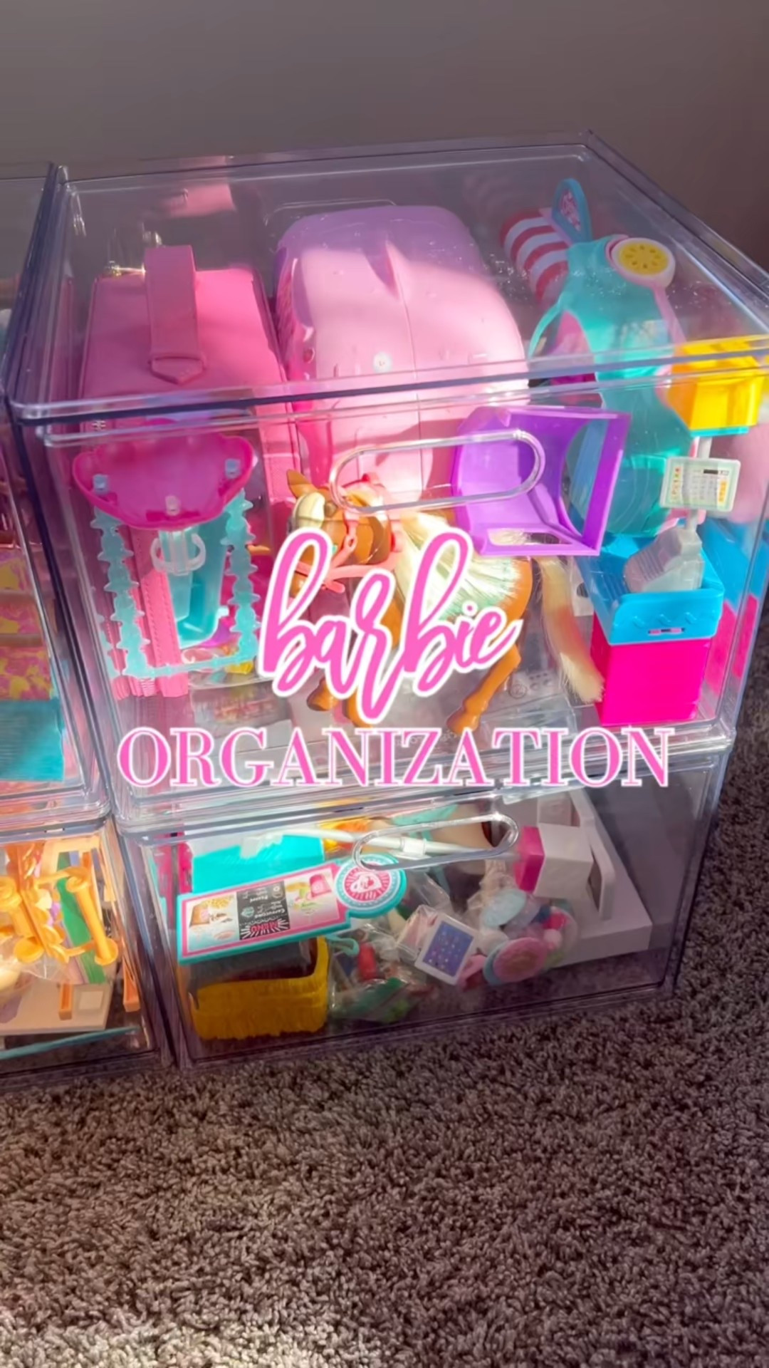 Barbie organization storage clear acrylic stackable drawers are clean aesthetic and easily accessible perfect for Barbies accessories and sets playroom organization organized 

#LTKKids #LTKHome #LTKmomlife