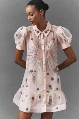 Maeve Short-Sleeve Embellished Mini Shirt Dress | Anthropologie (US)