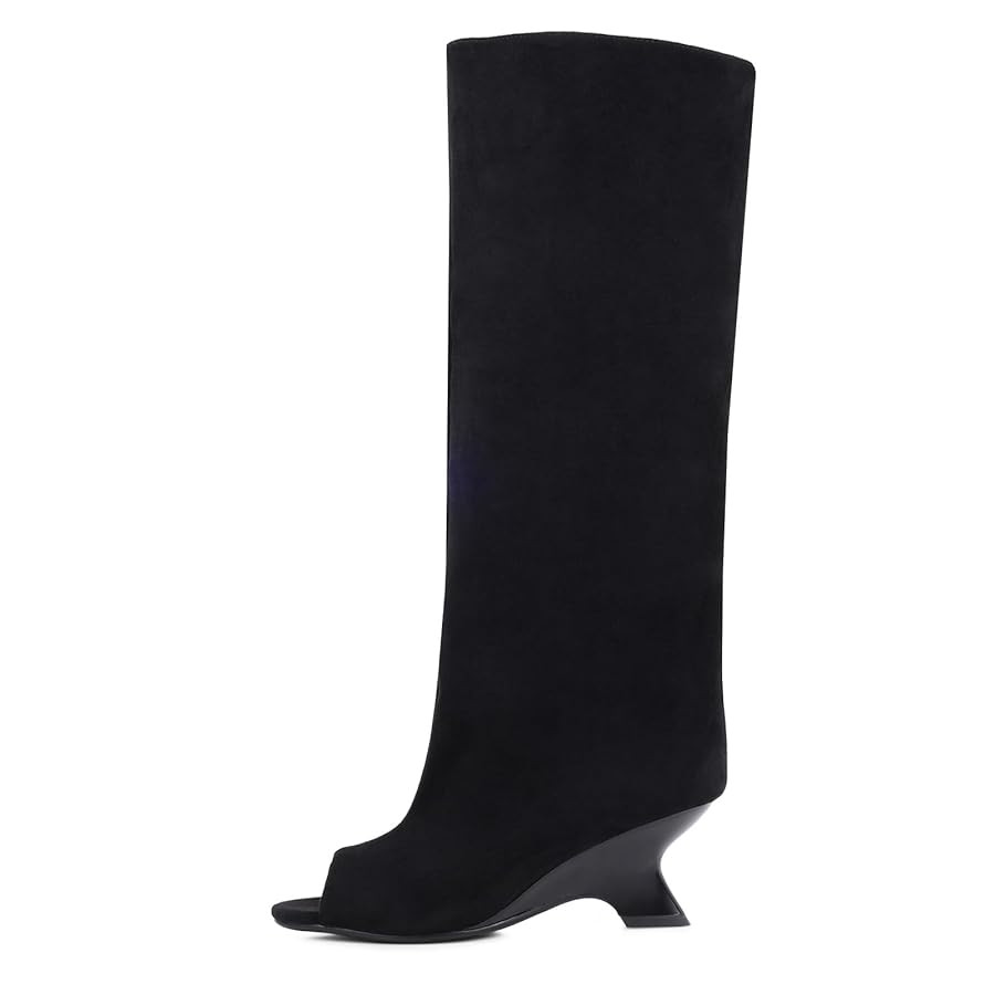 FancyQueen Open Toe Knee High Boots for Women Suede Wide Calf Peep Toe Wedge Heels Slouchy Tall B... | Amazon (US)