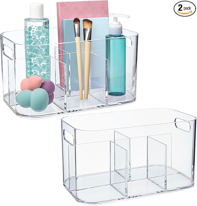 STORi Bliss 5-Compartment Plastic Cosmetics Storage Organizer, Set of 2 | Clear | Rectangular Div... | Amazon (US)