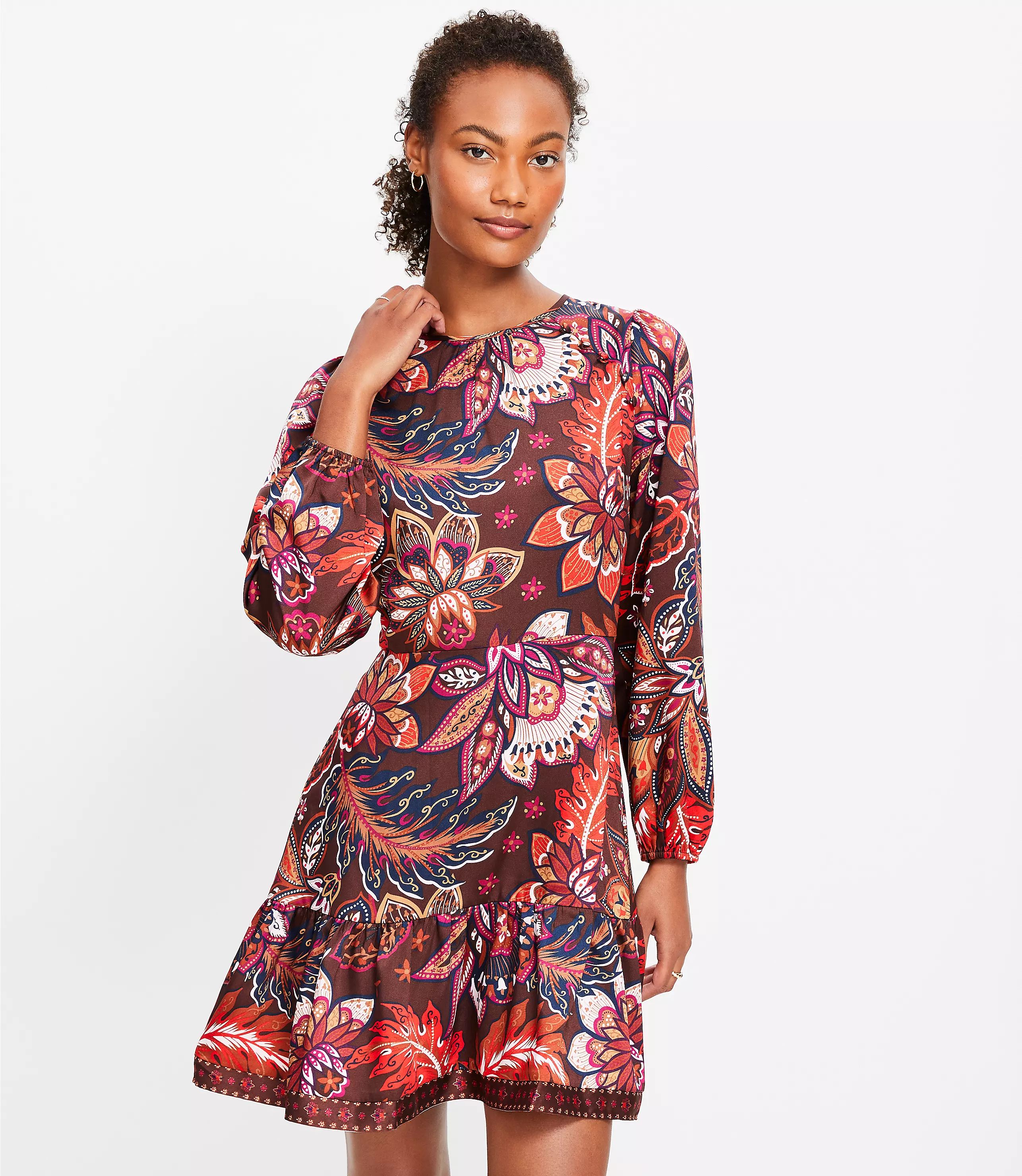 Paisley Shoulder Button Flounce Dress | LOFT