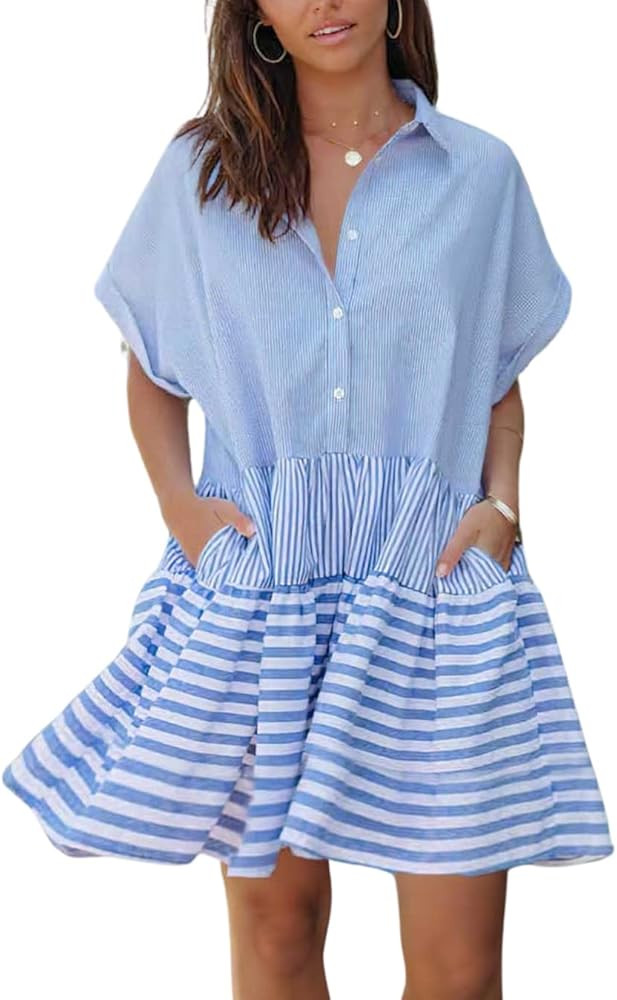 chouyatou Women Summer Beach Short Sleeve Striped Shirt Dress Button Down Tiered Mini Tunic Babyd... | Amazon (US)