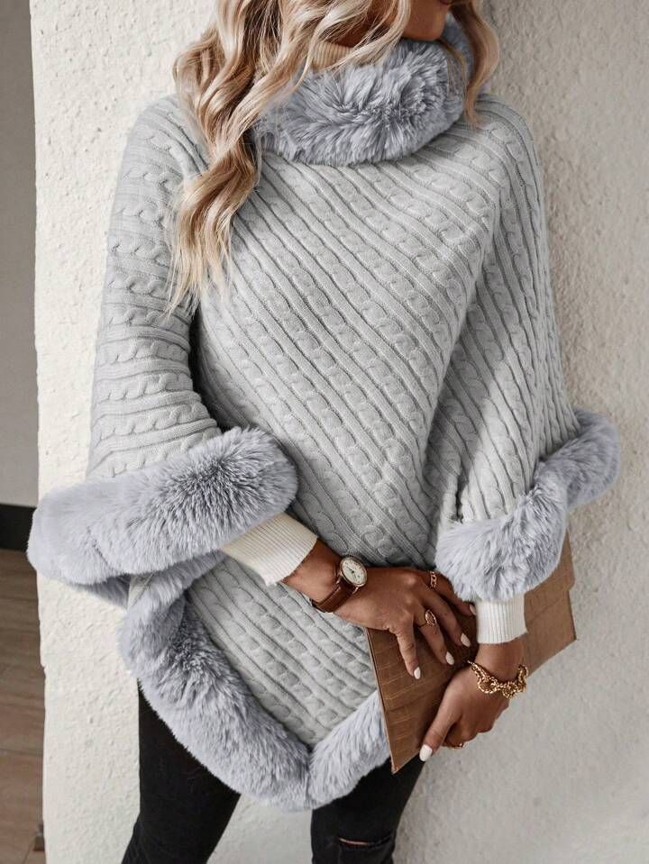 SHEIN Essnce Furry Patchwork Batwing Sleeve Sweater | SHEIN