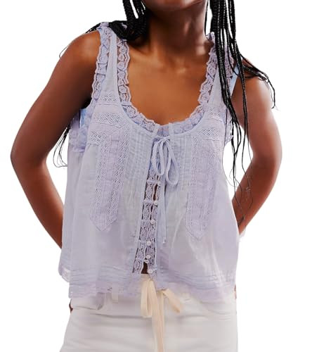 Naileksi Women Sleeveless Ruffled Lace Trim Chiffon Crop Top Scoop Neck Flowy Button Down Front Tie Mesh Crop Tank Top Purple | Amazon (US)