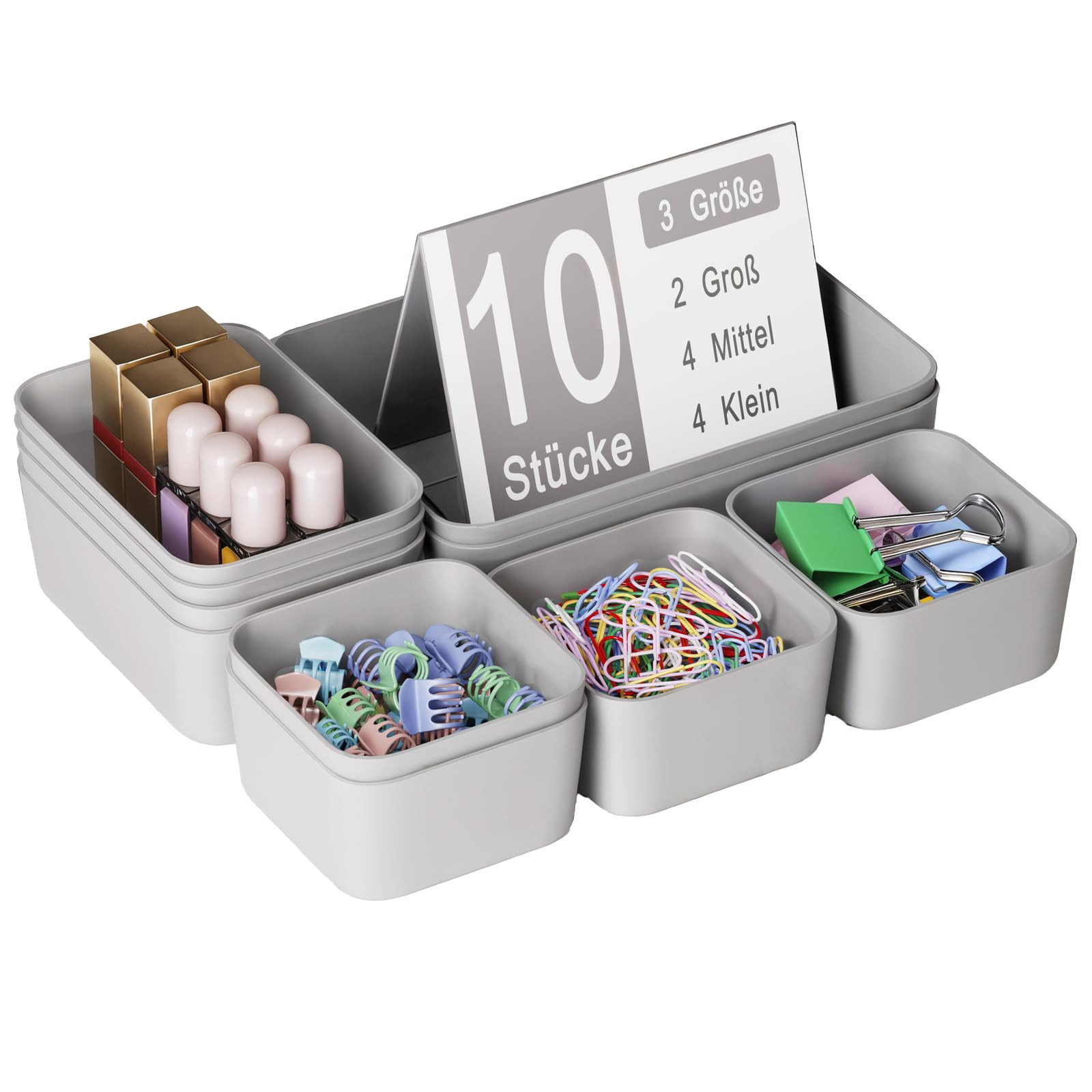 Plastic Drawer Organizers, 10 PCS Drawer Organizer Bins, Bathroom and Vanity Organizer Plastic Tray, Makeup Organizer and Storage for Makeup, Bedroom, Kitchen Gadgets Utensils and Office (Gray) | Amazon (US)