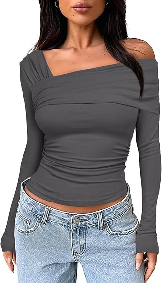 Darong Women's One Off Shoulder Long Sleeve Top Ruched Going Out Tops Slim Fit Y2K Shirt Crop Top | Amazon (US)
