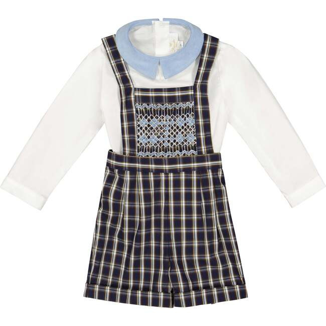 George Tartan Smocked Dungaree Shirt, Navy | Maisonette