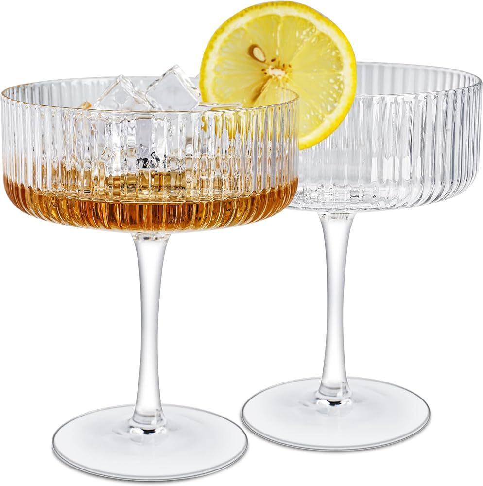 Ribbed Coupe Glasses Set of 2, 11.8 oz Fluted Cocktail Glasses for Martini Champagne and Wine. Vi... | Amazon (US)