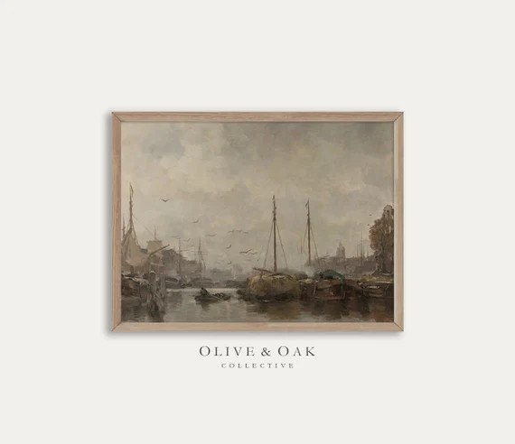 Moody Harbor Painting / Vintage Ship Painting / Nautical Decor | Etsy UK | Etsy (UK)