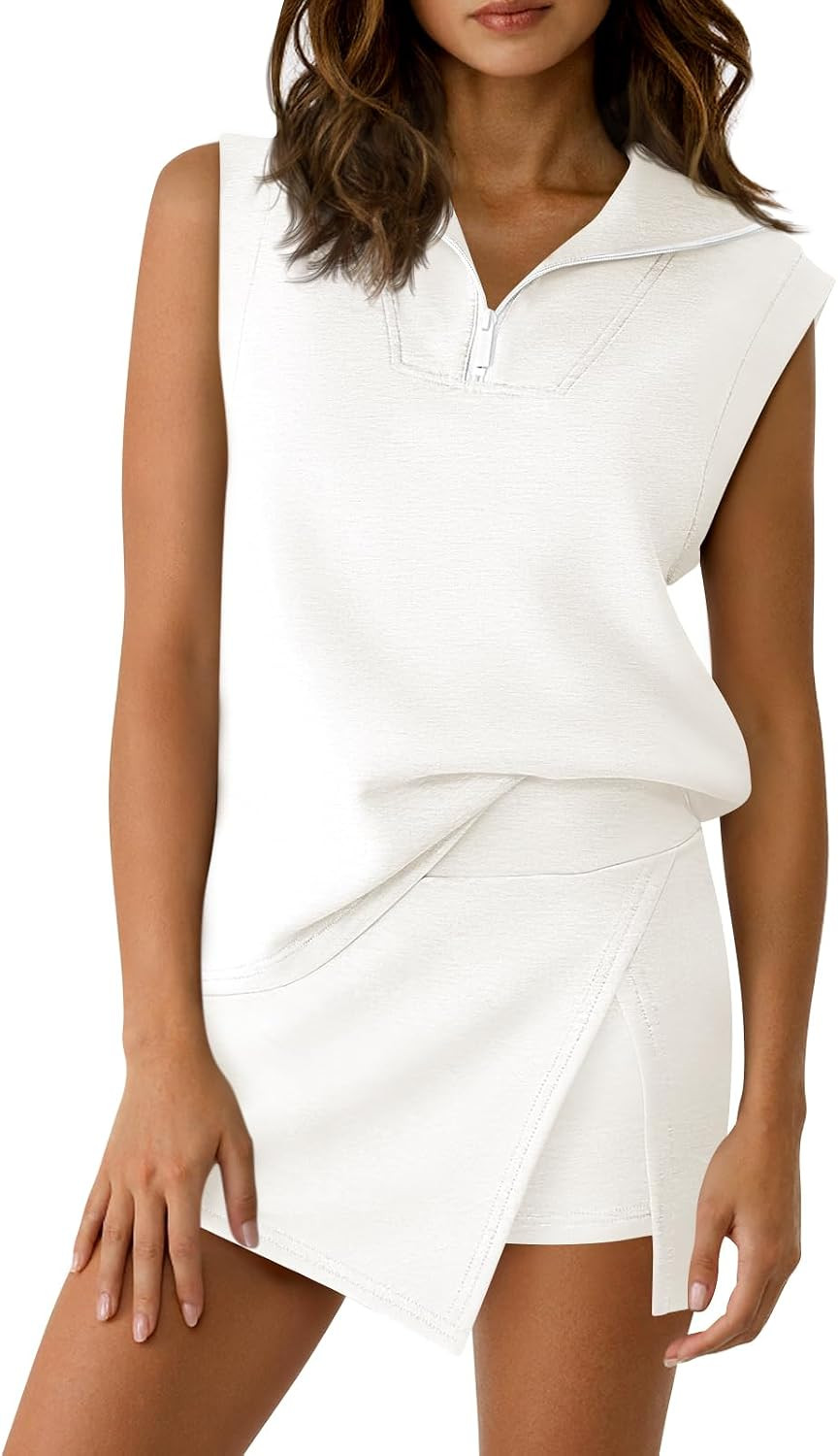 Fisoew Womens 2 Piece Skirt Sets Summer Sleeveless Half Zip Sweatshirt Athletic Skorts Tennis Outfits Casual Sweatsuits | Amazon (US)