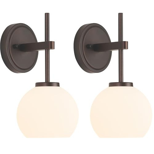 Oil Rubbed Bronze Wireless Rechargeable Wall Sconces Set of 2, Battery Operated Wall Lights with Remote Control, LED Dimmable Wall Lamp with Opal White Glass Shade, 12 Colors RGB & 3 CCT Bulb | Amazon (US)
