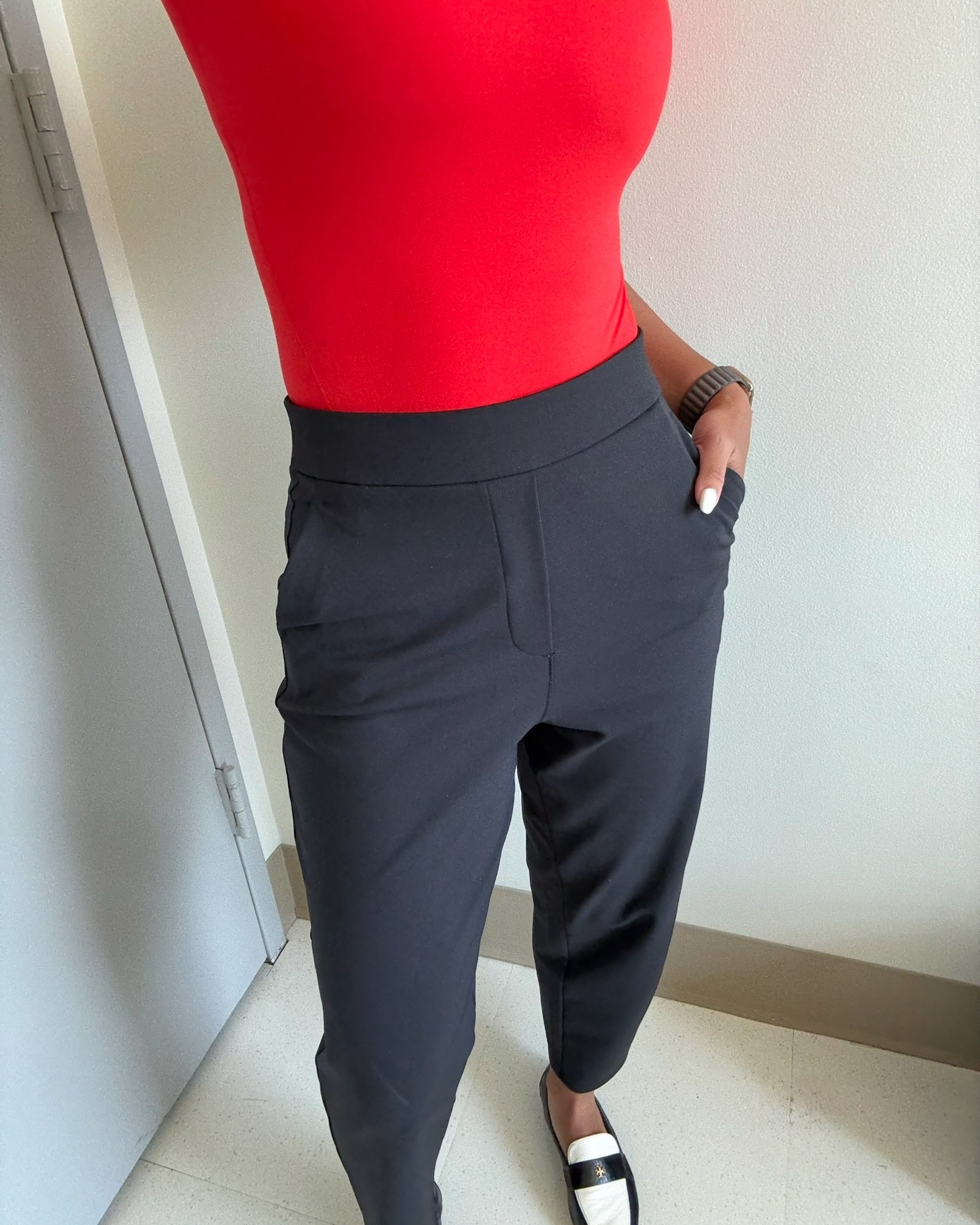 obsessed w the lululemon daydrift high rise tapered pant ! 🖤

work wear, casual wear, ballet loafers, tory burch, color block, wundermost bodysuit, hot heat. 

#LTKWorkwear #LTKShoeCrush #LTKStyleTip