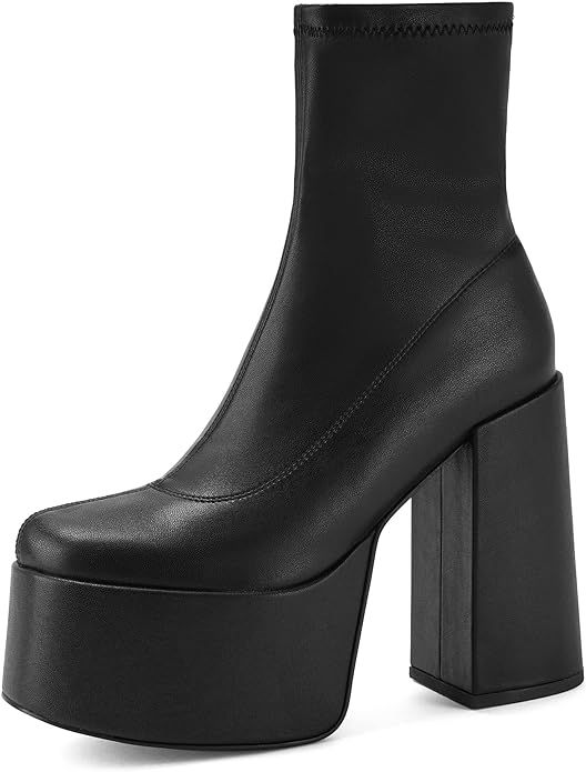 Easyfox Platform Boots for Women Mid Calf Chunky High Heels Ankle Booties Slip on Round Toe Elast... | Amazon (US)