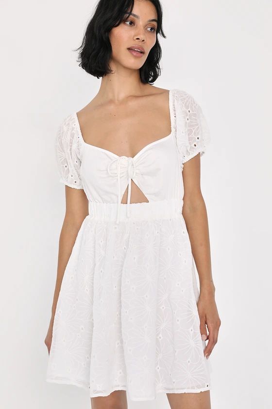 Excuse to Flirt White Floral Embroidered Puff Sleeve Mini Dress | Lulus (US)