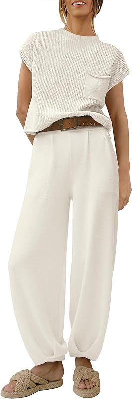 Caracilia Women's Casual Two Piece Outfits Cap Sleeve knit Top and Loose Pants Fashion Tracksuit Lou | Amazon (US)