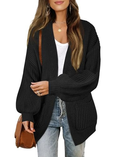 MEROKEETY Women's Chunky Cardigan Sweaters 2025 Lantern Long Sleeve Oversized Knit Outerwear with Pockets, Black, M | Amazon (US)