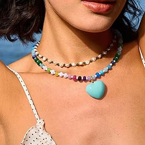 KissYan Beaded Necklaces for Women, Colorful Boho Bead Choker With Bubble Puffy Heart Pendant, Na... | Amazon (US)