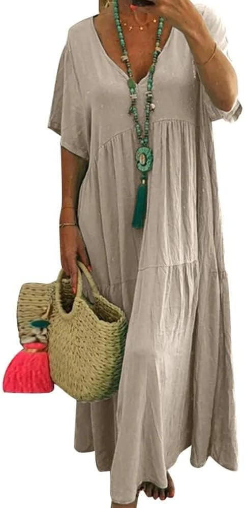 Bengbobar Women Cotton Linen Maxi Dress Long Floor Length Dress Casual Loose Baggy Oversized V Ne... | Amazon (US)