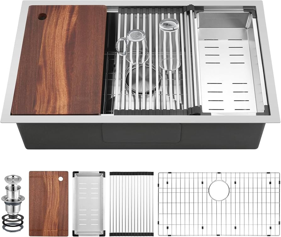 33 Inch Undermount Kitchen Sink Workstation, Stainless Steel Kitchen Sinks Single Bowl, Handmade ... | Amazon (US)