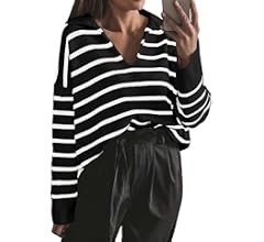Women's Winter Casual Striped Long Sleeve Polo V Neck Pullover Sweater Loose Fit Drop Shoulder Kn... | Amazon (US)