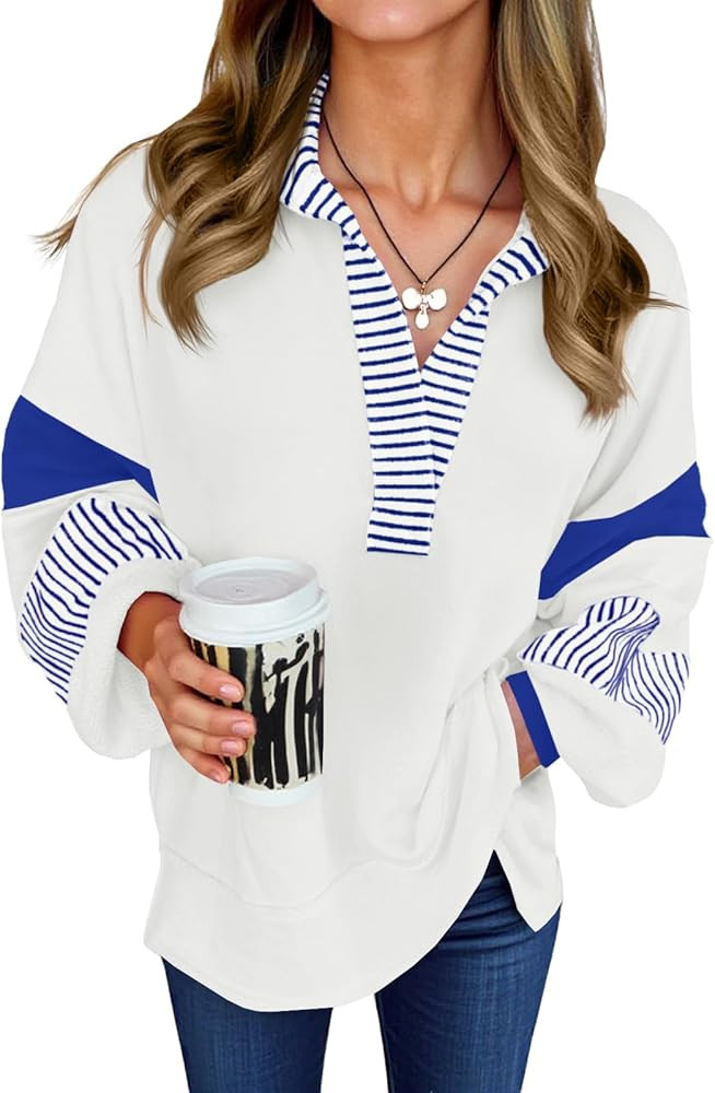 Fisoew Womens Color Block Oversized Sweatshirt Polo V Neck Long Sleeve Shirts Casual Loose Pullov... | Amazon (US)