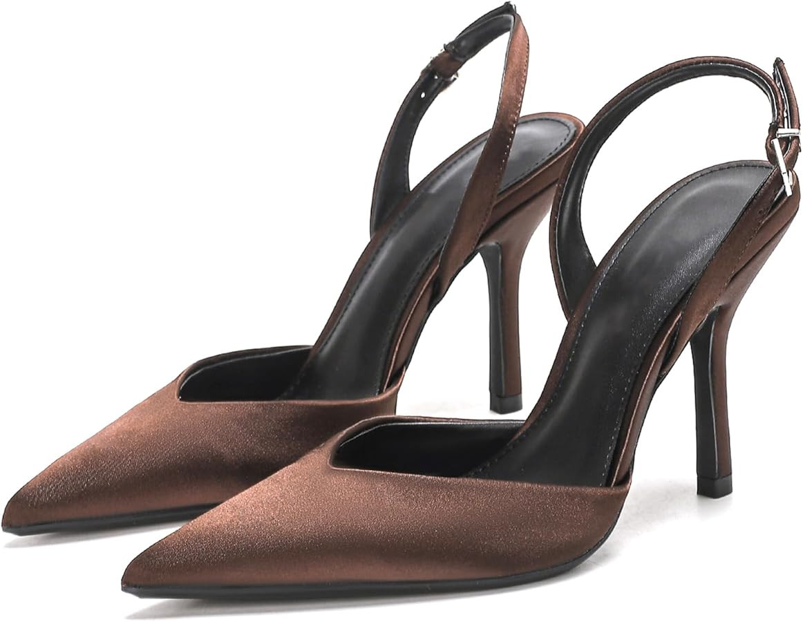 Satin Heels for Women Closed Pointed Toe Stiletto Dress Sandals Sexy Backless Slingback Slip On H... | Amazon (US)