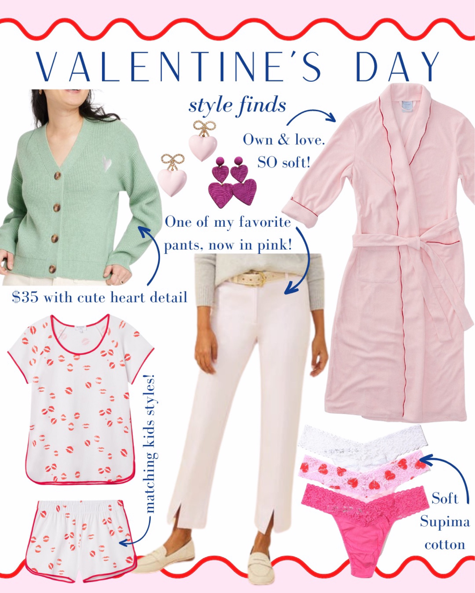 Valentine’s Day style finds, Valentine’s themed clothing for women. Sage green cardigan with embroidered heart, heart earrings, Valentine’s jewelry, red and pink Weezie robe, Valentine’s Day pajamas for women, light pink pants, Valentine’s undies, women’s thong underwear, Valentines’s day gifts for her, Target fashion, LAKE pajamas 

#ValentinesDay #valentines #valentinesoutfit #momstyle #Pinkandred 

#LTKGiftGuide #LTKstyletip #LTKunder100
