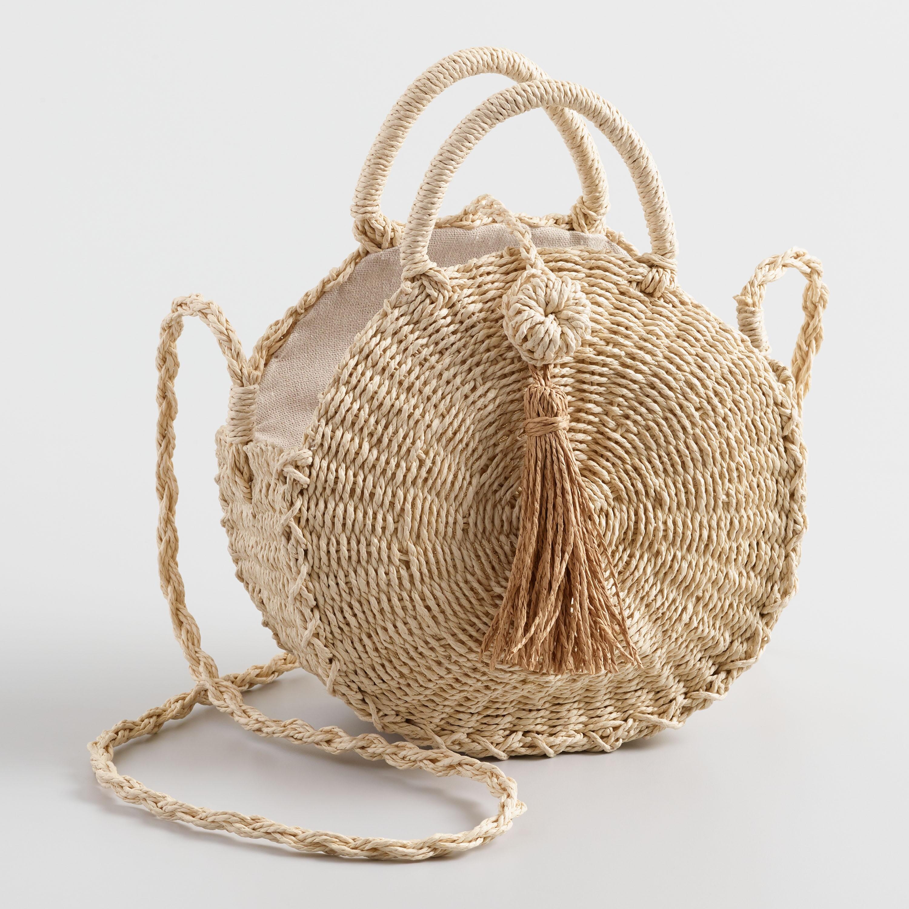 Natural Straw Circle Crossbody Bag with Tassel | World Market