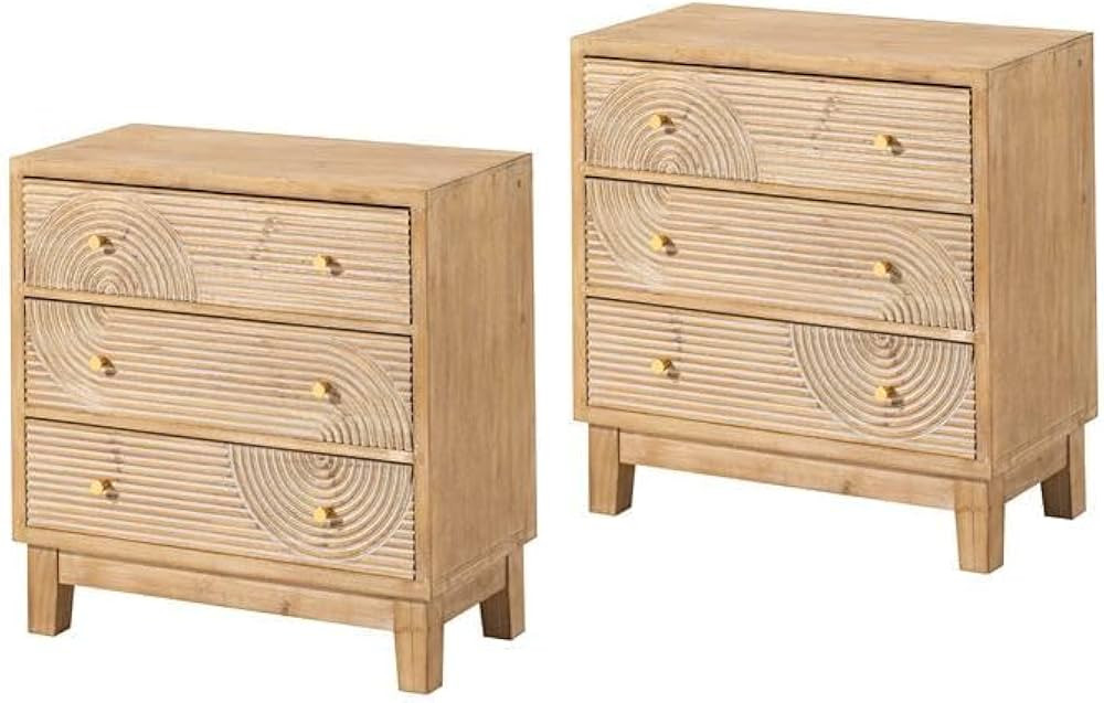 3-Drawer Farmhouse Dresser with Handicraft Wood Ring Motif, Set of 2 Fully Assembled Nightstand W... | Amazon (US)