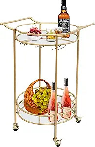 Gold Bar Cart with Wheels, Round Bar Serving Cart for The Home, Rolling Liquo Cart with 2 Mirror ... | Amazon (US)