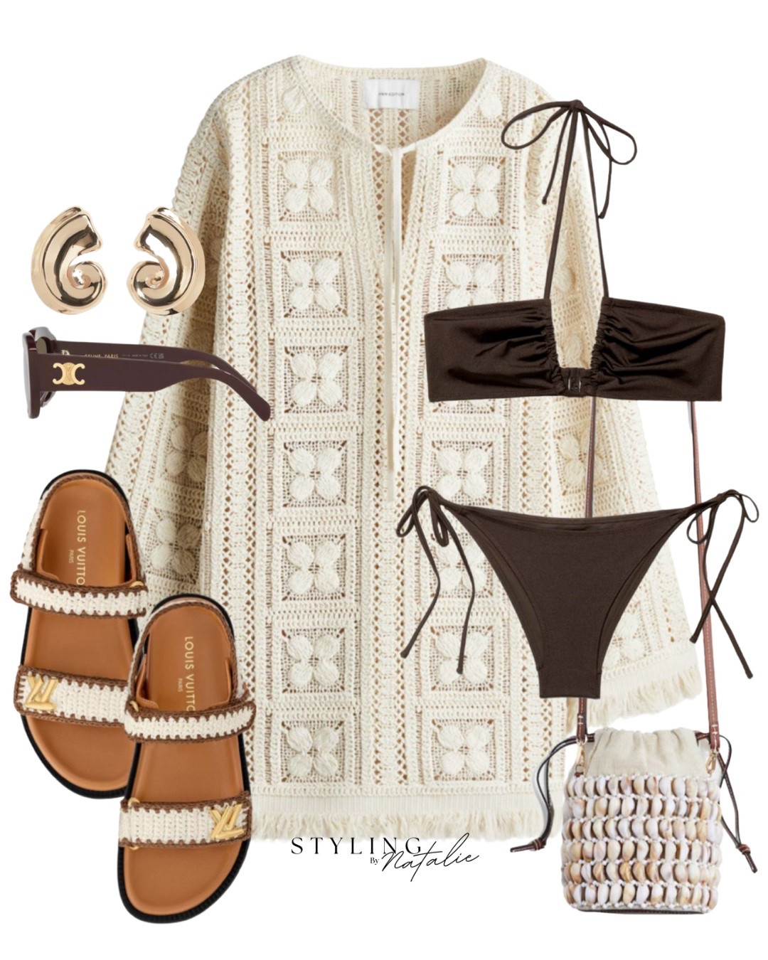 Summer beach wear 🐚🤎
Long sleeve crochet beach dress, brown bikini, seashell crossbody bag, Crochet sandals, Celine sunglasses & gold earrings. Boho chic, cover up, kaftan, knitwear, summer dress, summer outfit, resort wear, vacation style, holiday outfit, swimwear.

#LTKsummer #LTKswimwear #LTKeurope