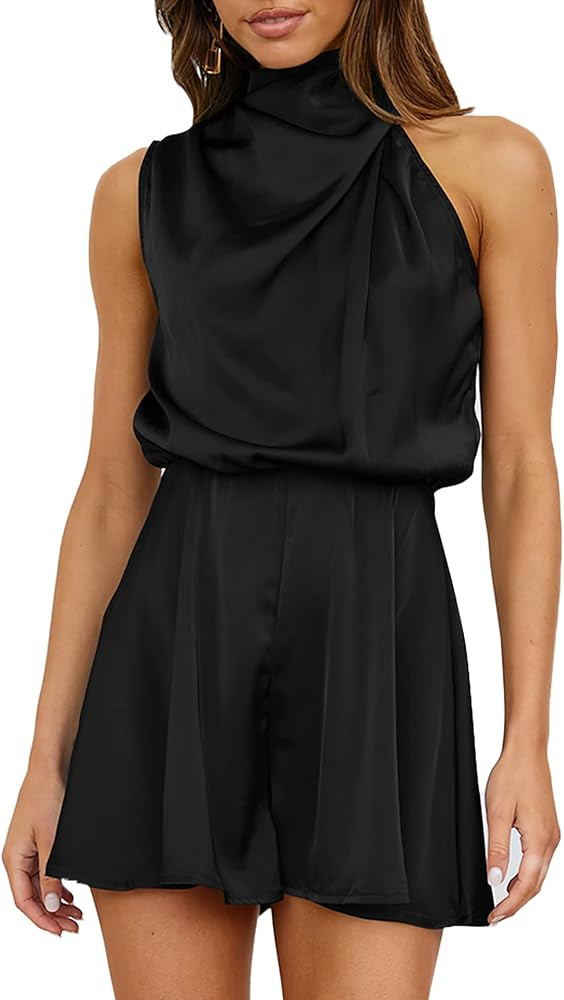 PRETTYGARDEN Summer Romper For Women One Piece Satin Outfits Casual Mock Neck Beach Party Short J... | Amazon (US)