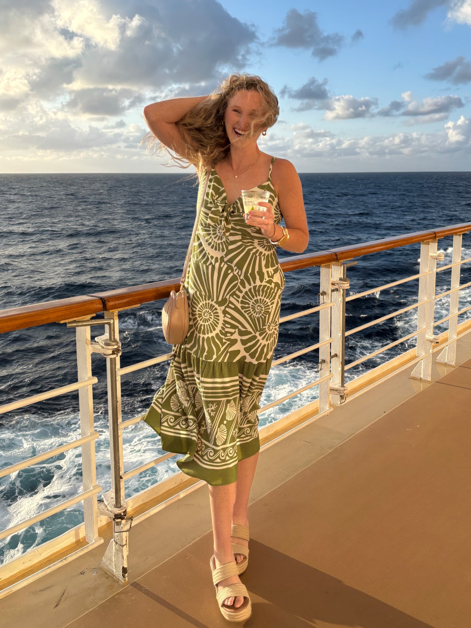 Casual beach or cruise vacation outfit. Comfortable summer travel outfit. Green beachy flowy maxi dress with nude platform wedges and gold affordable jewelry 

#LTKFindsUnder50 #LTKSeasonal #LTKTravel