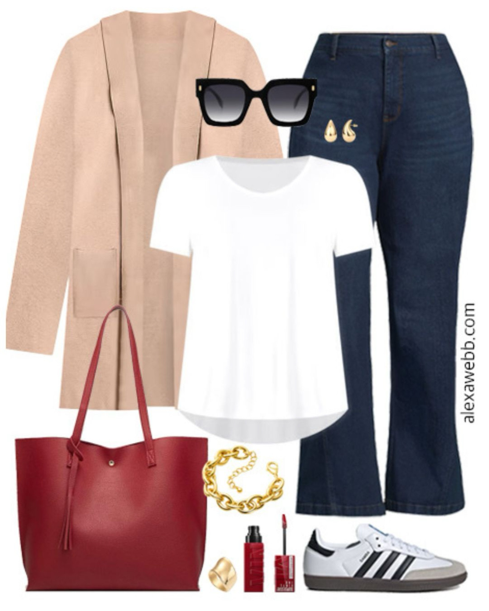 Plus Size Teacher Outfits 2024 - Part 1 - A plus size business casual outfit for teachers heading back to school this fall. A plus size camel cardigan, t-shirt, trouser jeans, sneakers, and a red tote bag. Alexa Webb

#LTKStyleTip #LTKPlusSize #LTKShoeCrush