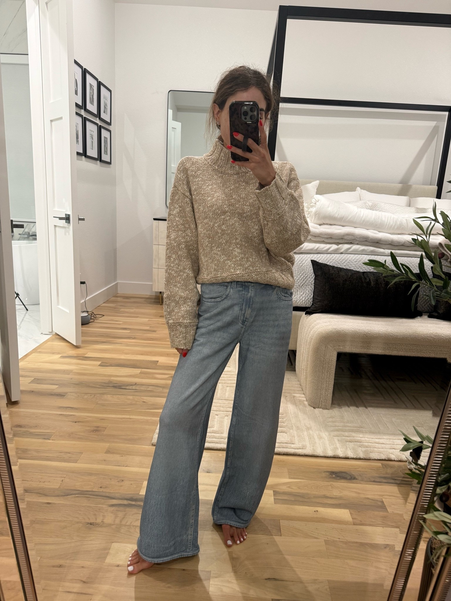 Sweatpants jeans that feel like loungewear but look like jeans! Great for travel. Wearing size xxs short and xxs in sweater