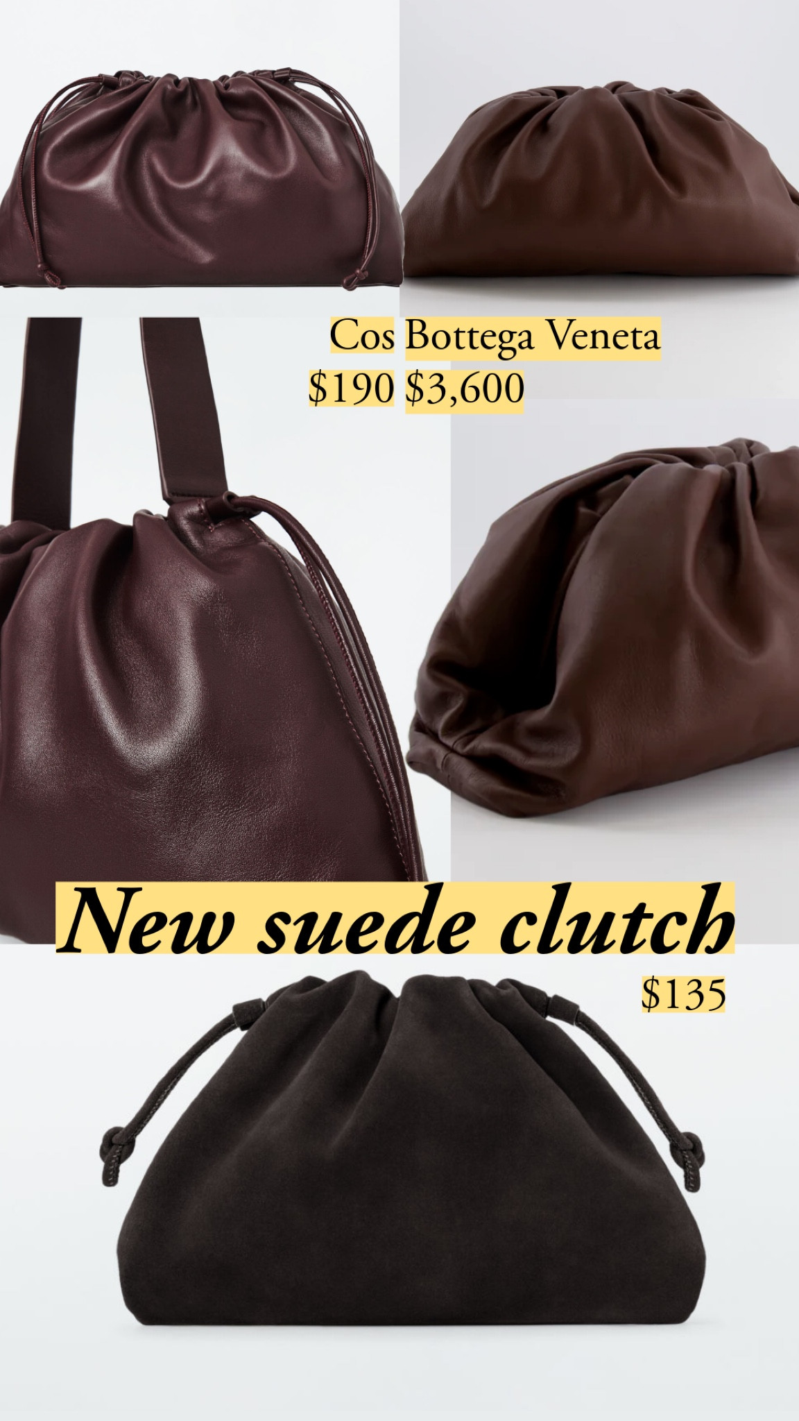 I love the Cos Cavatelli bag. The leather is gorgeous and has a luxe hand feel. The faux fur version is ridiculously soft, and it’s such an unexpected evening piece. 

And now, they introduced suede in a rich chocolate brown. It’s so good. 

#LTKParties #LTKFindsUnder100 #affordableluxury #handbags #quietluxury

#LTKWatchNow #LTKGiftGuide #LTKHoliday