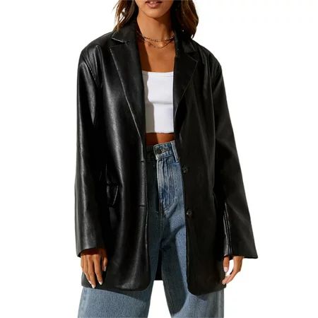 Women Faux Leather Blazer Jackets Button Down Oversized Vintage PU Leather Lapel Jacket Y2K Streetwe | Walmart (US)