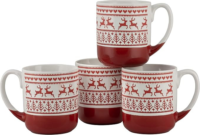 10 Strawberry Street Embossed Reindeer Ceramic Mug, Set of 4 (Red), S4MUG-XMAS | Amazon (US)