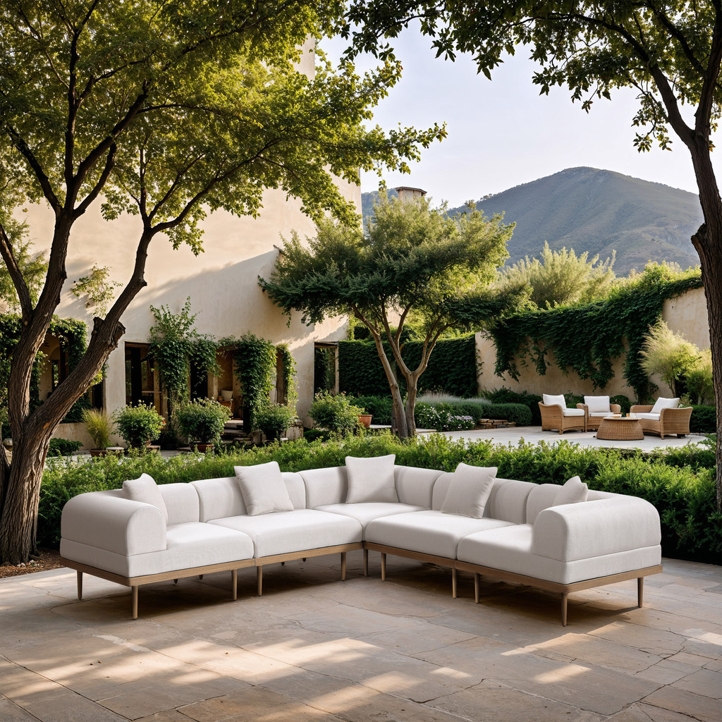 Laguna 106.5 Inch Fabric Upholstered 5 Piece Outdoor Patio Modular Sectional In Cream and Natural | 1stopbedrooms