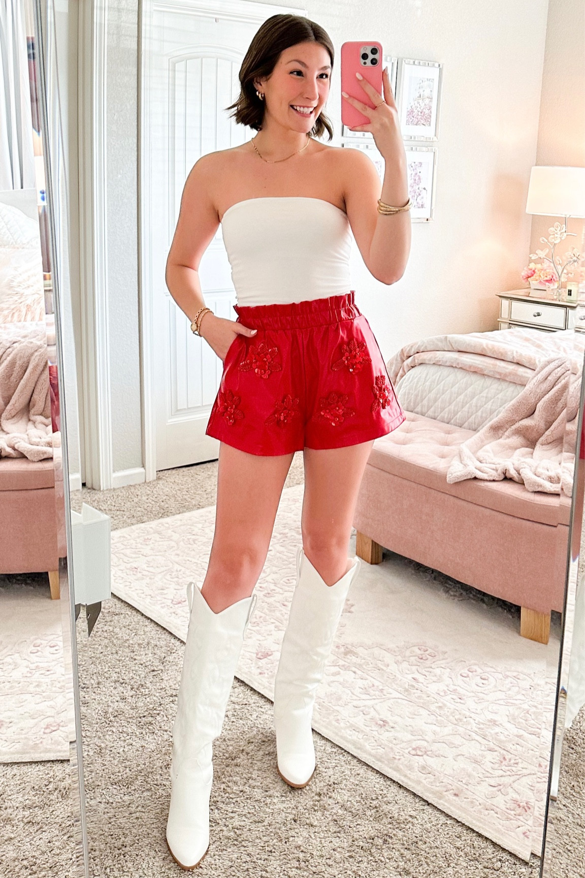 Game day outfit inspiration 

Tailgate outfit, football game outfit inspo, white tube top, red shorts, leather shorts, cowgirl boots, white boots, OU, Oklahoma

#LTKstyletip #LTKFind #LTKSeasonal