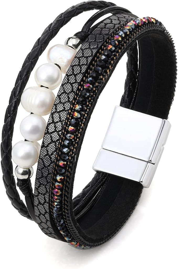 PLTGOOD Boho Leather Wrap Bracelet with Pearl for Women - Handmade Cuff Bracelets Bead with Magne... | Amazon (US)