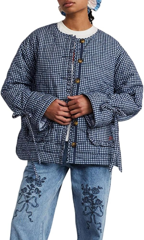 LifeShe Women Plaid Puffer Quilted Jacket Crop Button Up Padded Coats Collarless Winter Coat with... | Amazon (US)