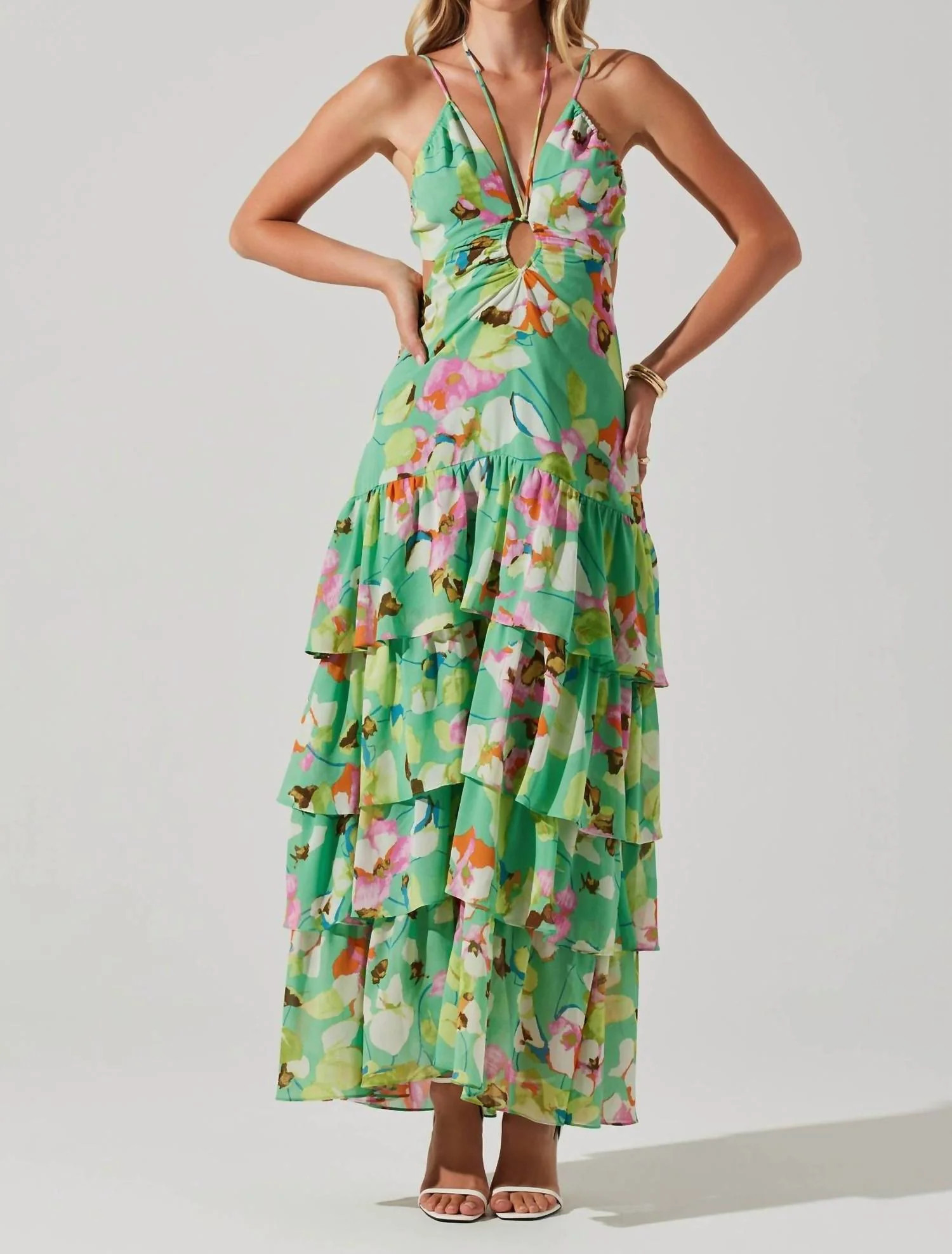 Aneira Floral Tiered Maxi Dress In Green Pink Multi | Shop Simon