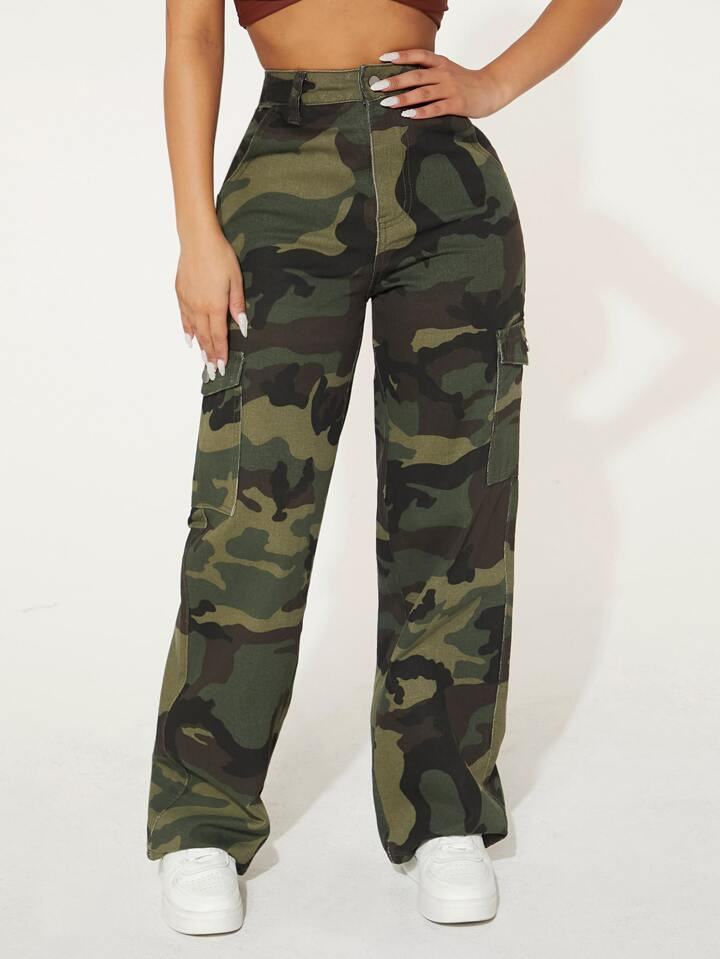 SHEIN PETITE Camo Print Flap Pocket Cargo Jeans | SHEIN