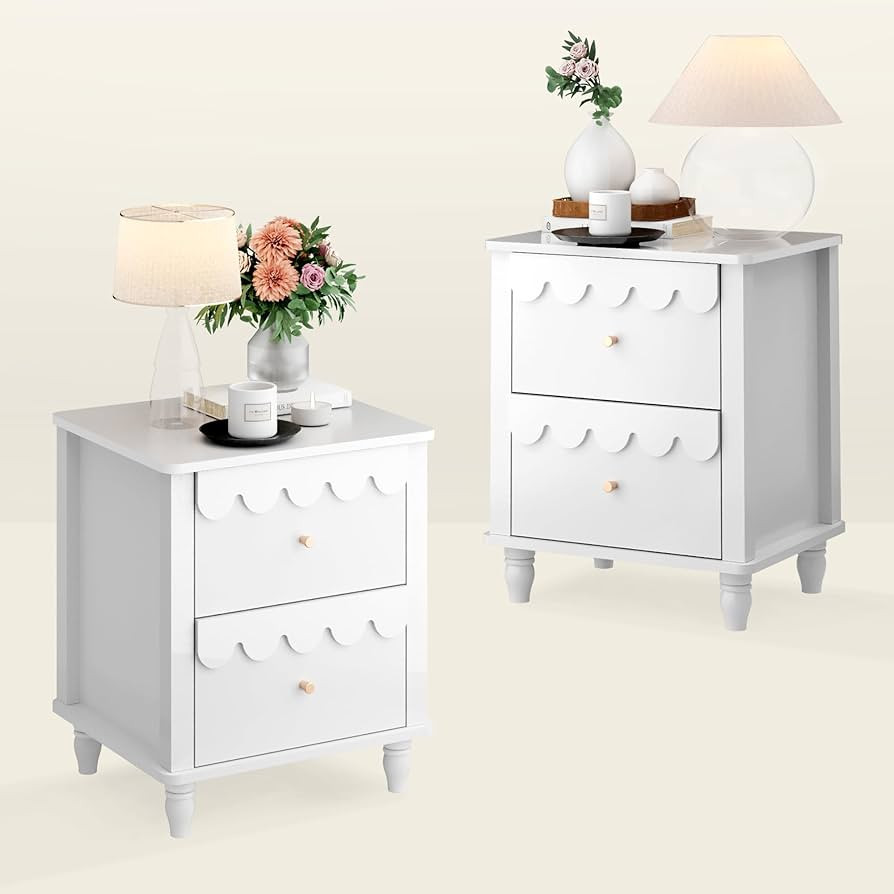 White Nightstand Set of 2 with 2 Drawers, Modern Night Stand Set 2 with Petal Pattern for Bedroom... | Amazon (US)