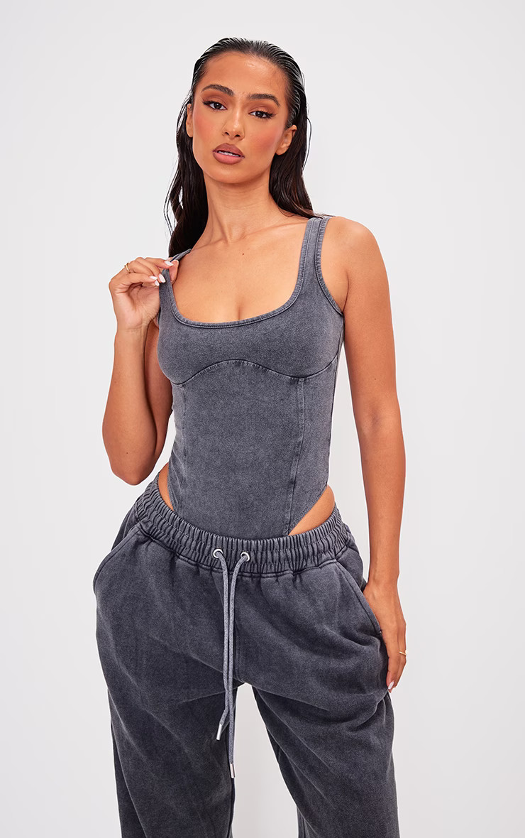 Petite Grey Washed Binding Detail Bodysuit | PrettyLittleThing UK
