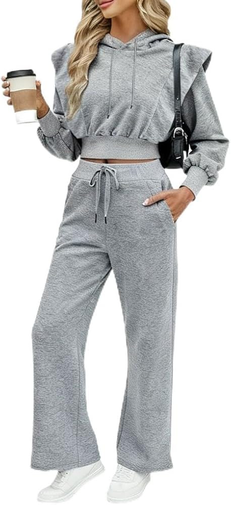 CHICME Womens 2 Piece Outfits 2025 Cropped Long Sleeve Hoodie and Wide Leg Sweatpants Set Fall Fa... | Amazon (US)