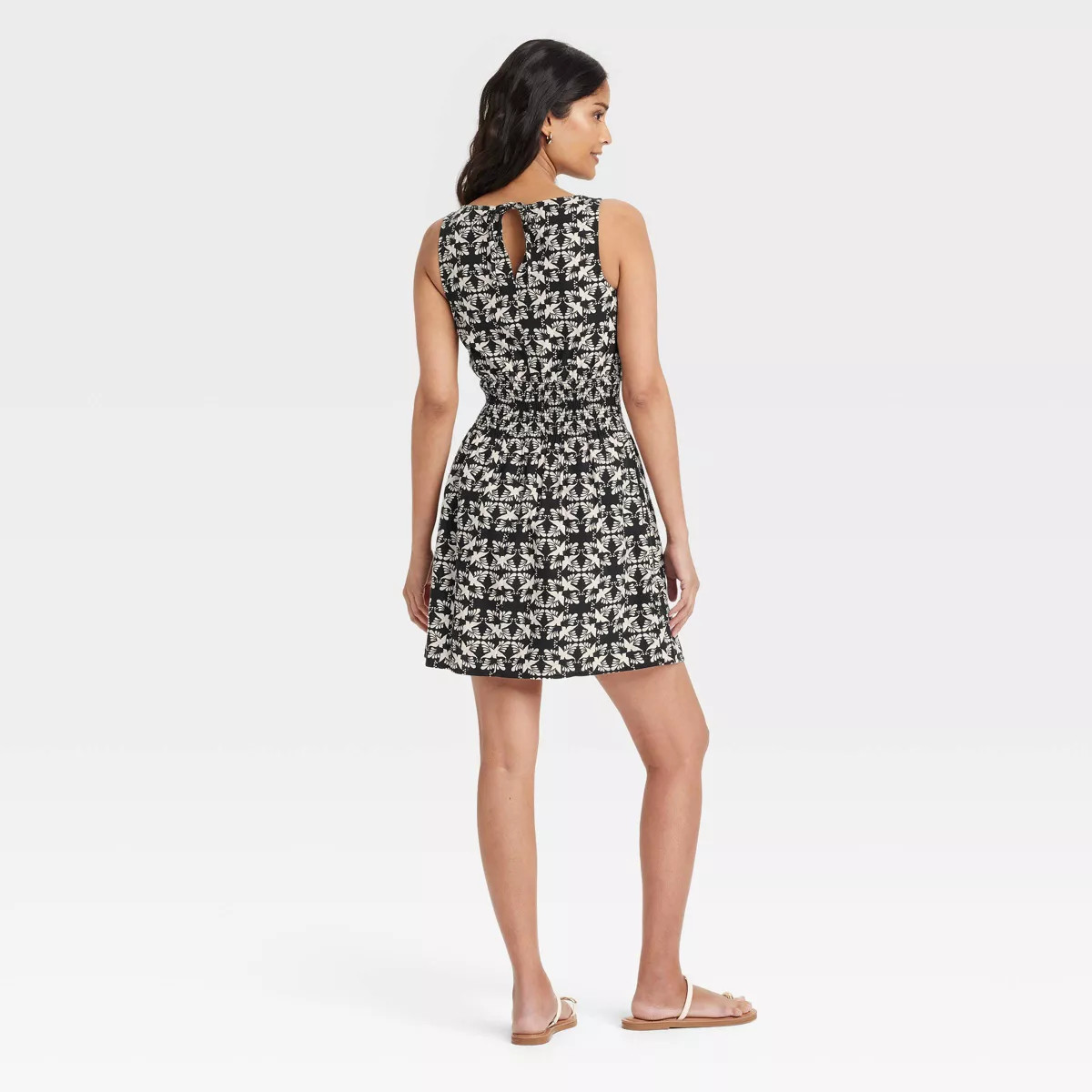 Women's Linen Mini Sundress - Universal Thread™ Black Ikat M: Cotton Rayon Blend, Boatneck, Sid... | Target