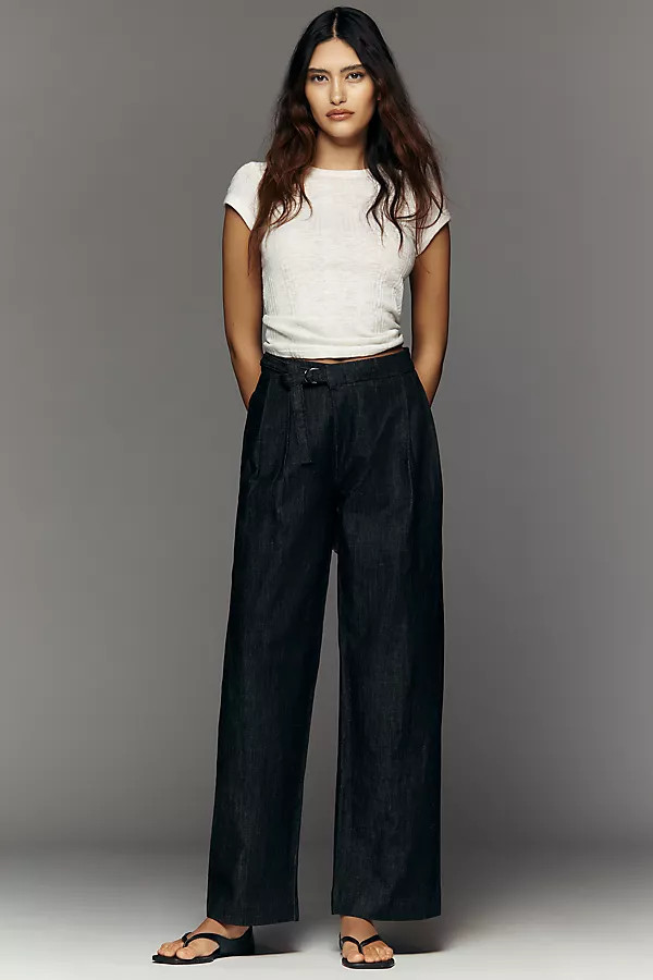 Maeve Belted Pleated High-Rise Wide-Leg Jeans | Anthropologie (US)