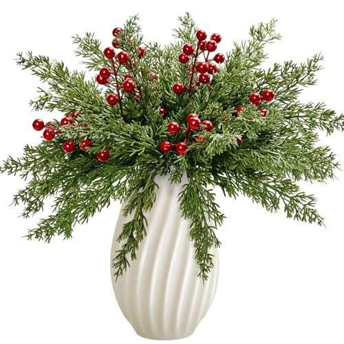 60Pcs Artificial Pine Branches with Red Berry Stems,Christmas Faux Green Cedar Sprigs Branches,Fake Greenery Pine Needles for Wreaths,Garlands,Craft DIY,and Xmas Decorations | Amazon (US)